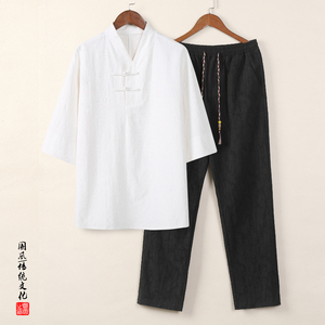 91058* 风暗纹提花中袖古风复古T恤男士禅服套装居仕服 *P105图片