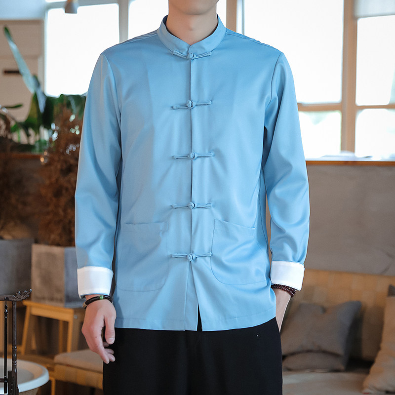 T916*风盘扣唐装立领古风坠感仿真丝衬衫禅服*P65,男装衬衫,星座1516（原B303）