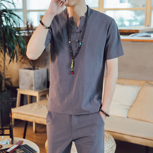 DY21*夏季风男士棉麻短袖T恤长裤两件套居仕服禅服 *P55图片