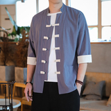 T915*古风盘扣撞色唐装茶服中袖衬衫居仕服纯色禅服*P55，男装衬衫，星座1516（原B303）