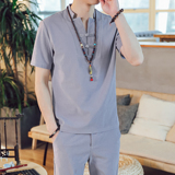 DY21*夏季风男士棉麻短袖T恤长裤两件套居仕服禅服*P55，男装T恤，星座1516（原B303）