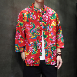 T921*东北大花中袖衬衫风复古唐装汉服衬衣新中式男装*P38，男装衬衫，星座1516（原B303）