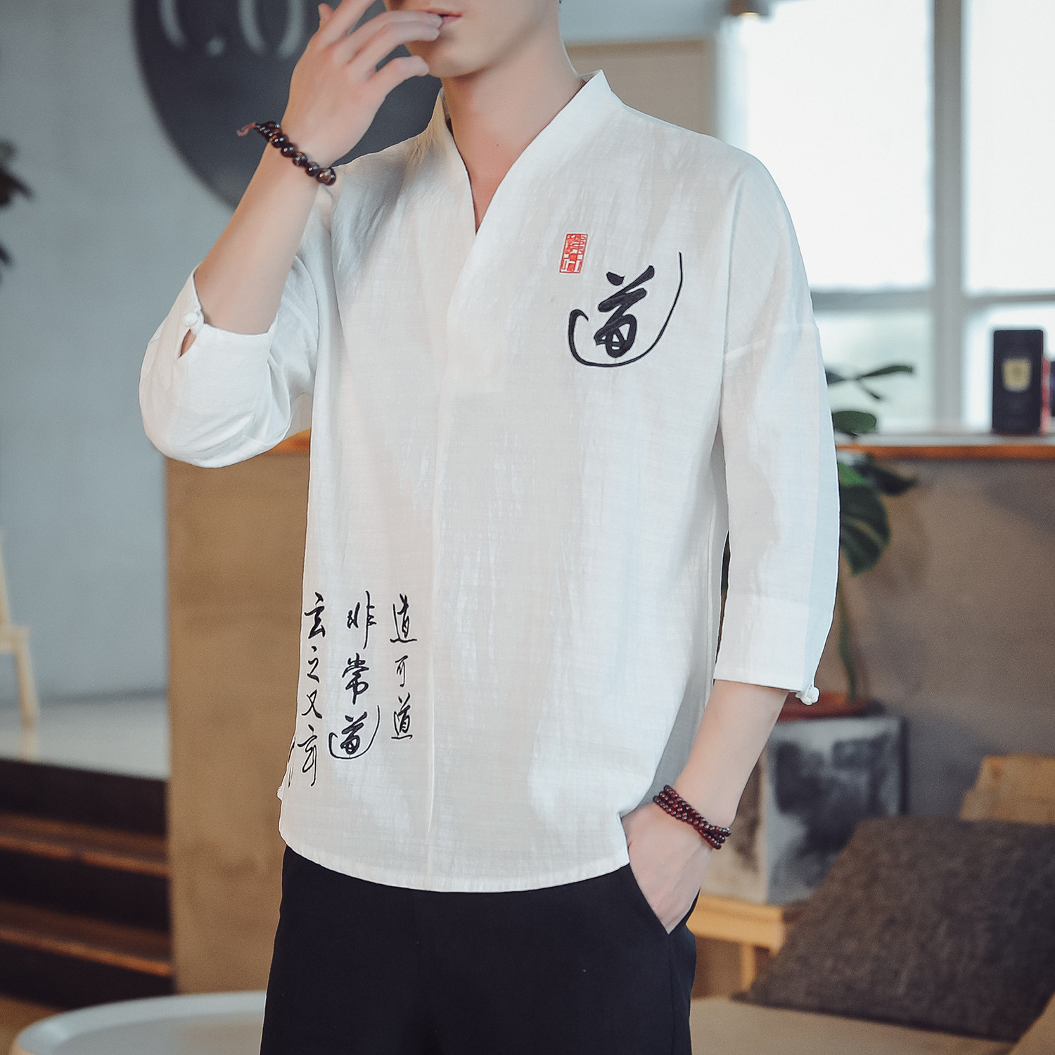 T89* 夏季风禅服道字绣花棉麻中袖T恤男古风居士服 *P45图片