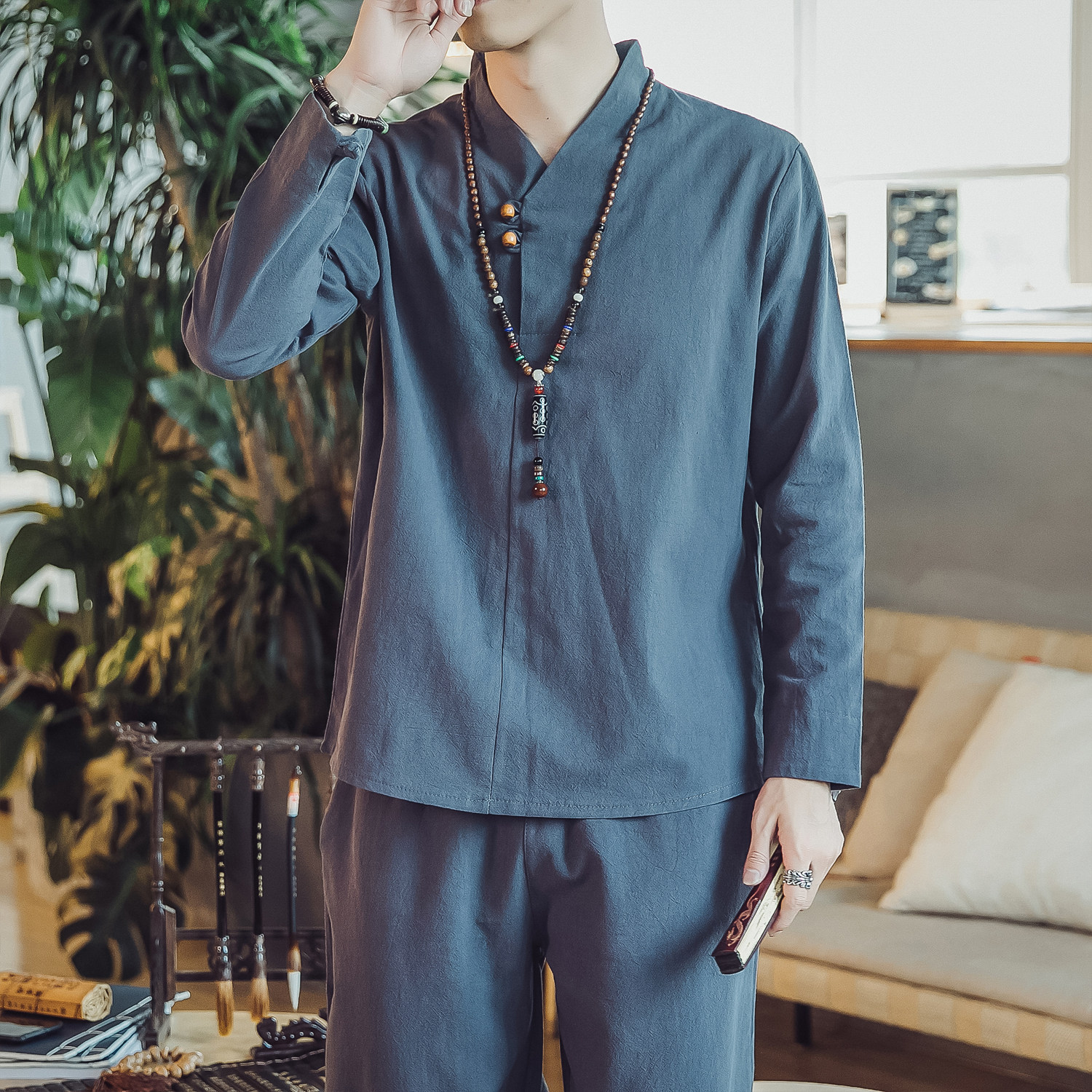 DY15*男士棉麻透气复古风长袖套装禅服居仕服*P70,男装休闲套装,星座1516（原B303）