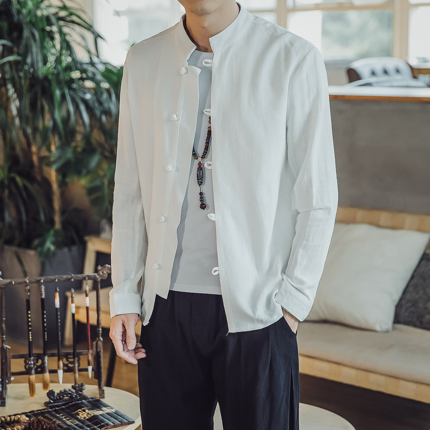 T92*风古风棉麻男麻料长袖盘扣立领衬衫居仕服汉服*P55,男装衬衫,星座1516（原B303）