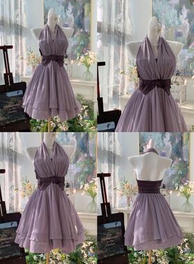 「紫雾丁香」法式浪漫紫色氛围大摆双色腰带收腰显瘦挂脖裙连衣裙