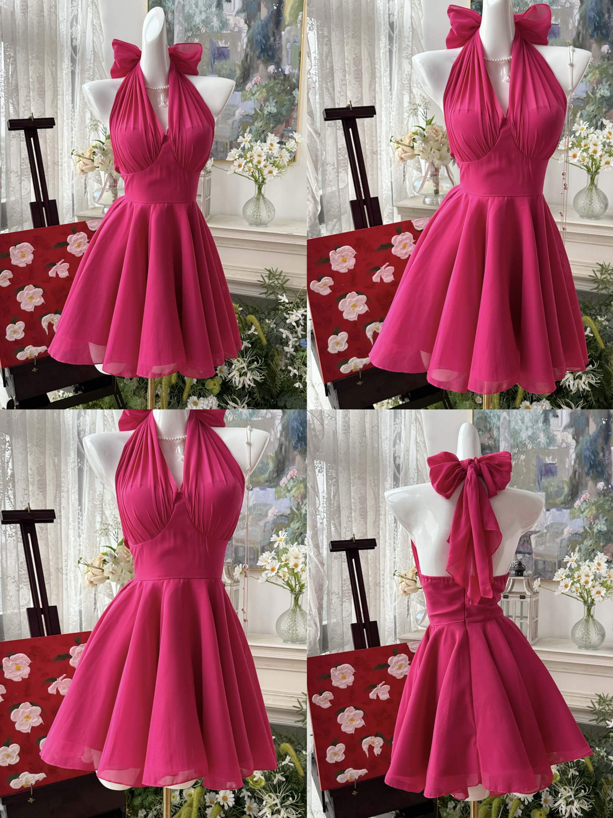 法式v领蝴蝶结绑带收腰连衣裙