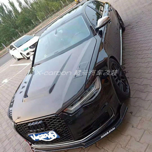 奥迪A6L改装碳纤维开孔机盖 RS6 A6C7升级碳纤轻量化引擎盖车头盖