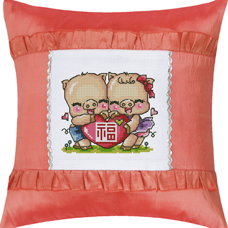 DMC十字绣靠垫●抱枕zp436情侣小粉猪cross stitch
