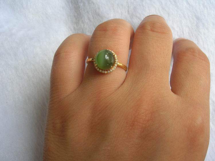 和田玉碧玉圆猫眼戒面镶嵌18k黄金伴韩国锆石 精品特价包邮