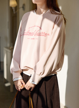 「MISAZ」Salted butter拼接插肩袖加绒套头印花卫衣 蜜桃/布朗尼