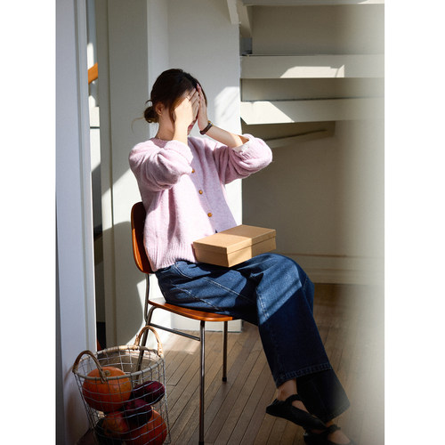 「MISAZ」混色圈圈绒 一体门襟圆领羊毛开衫 漂亮纽扣松软针织衫