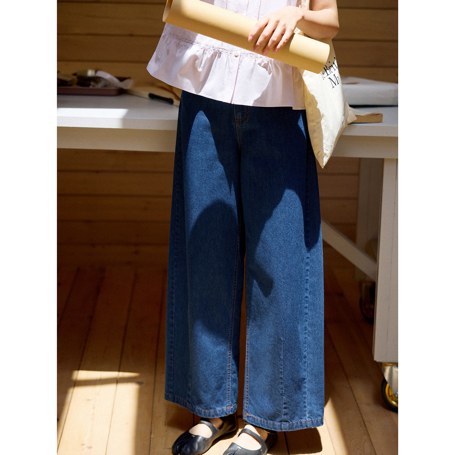 「MISAZ」小弯刀显瘦版型！服帖度超好~夏日宽松阔腿藏蓝色牛仔裤