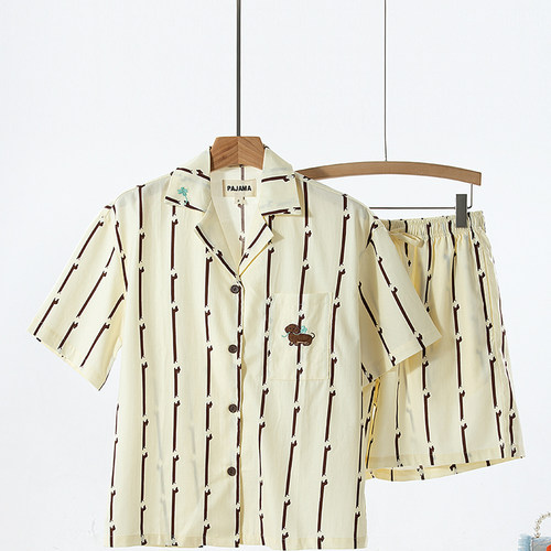 夏季薄款男女同款天丝棉腊肠狗绣花短袖短裤睡衣套装时尚家居服