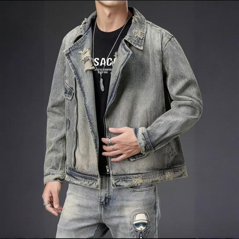 高端潮牌牛仔外套男2025秋季个性复古皮标刺绣翻领工装夹克上衣男