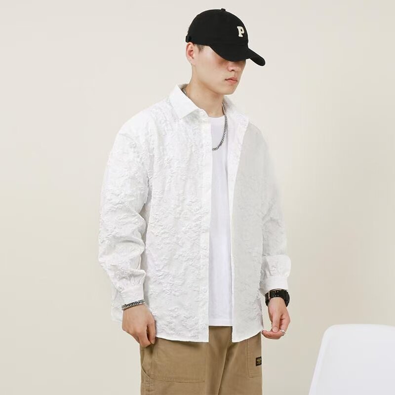 提花高级感衬衫男款新款春秋季韩版纯色长袖痞帅男装上衣衬衣外套
