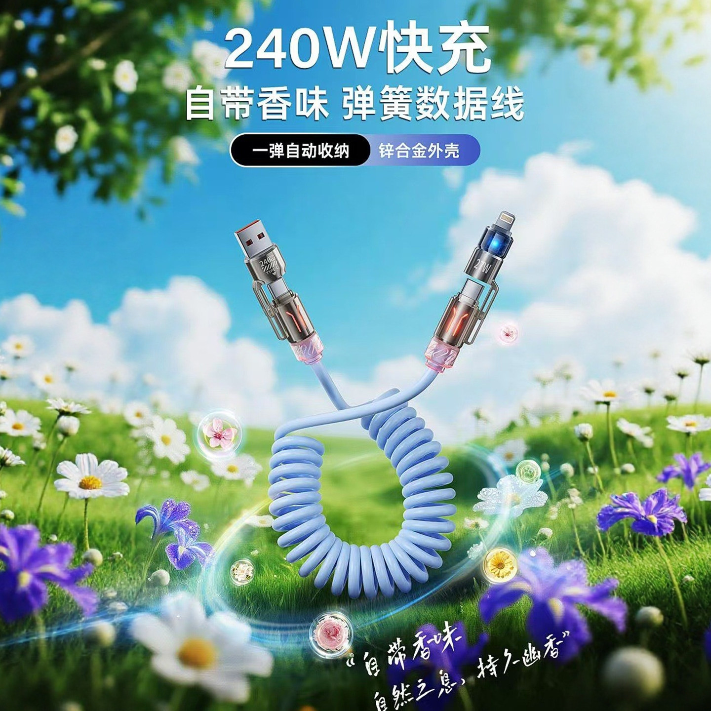 240W四合一弹簧数据线手机快速充电线适用安卓苹果华为小米荣耀手机通用充电器线车载香熏超级快充线加长加粗