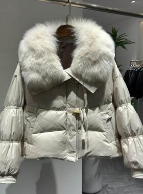欧洲站2025冬新款爆款狐狸毛领鹅绒羽绒服女短款加厚皮草外套保暖