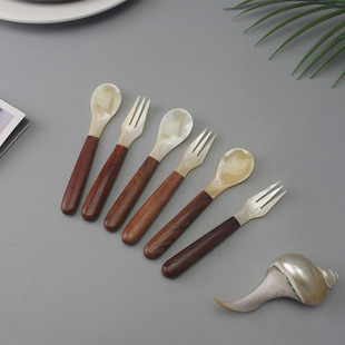 天然原木柄贝壳小勺子贝母调羹海螺大螺月光螺钿小果叉卡通小勺