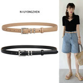 2025新款 牛仔短裤 银扣皮带女真皮百搭针扣光面腰带女士窄裤 带夏季