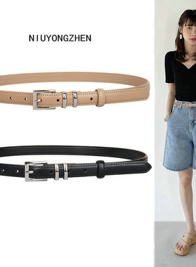 2025新款银扣皮带女真皮百搭针扣光面腰带女士窄裤带夏季牛仔短裤