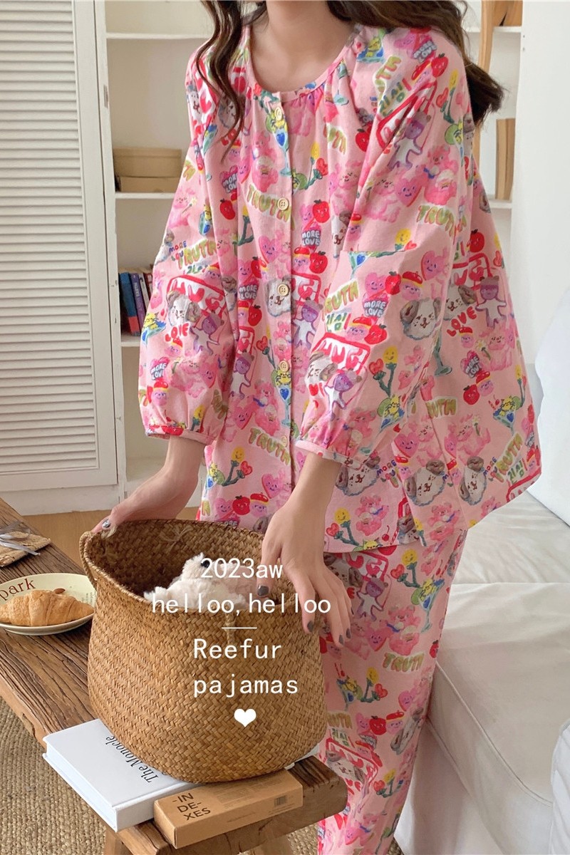 日系花朵甜美卡通圆领秋冬磨毛纯棉家居服对襟宽松睡衣睡裤套装女,女士内衣/男士内衣/家居服,睡衣/家居服套装,淘宝优惠券,粉丝福利购,淘宝优惠卷