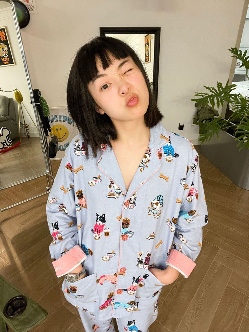 官网新色 蓝底卡通狗狗印花纯棉磨毛春季亲肤长袖睡衣家居服套装