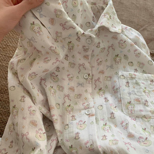 女 睡衣套装 A类100%纯棉双层纱布卡通印花翻领家居服春秋薄款 长袖