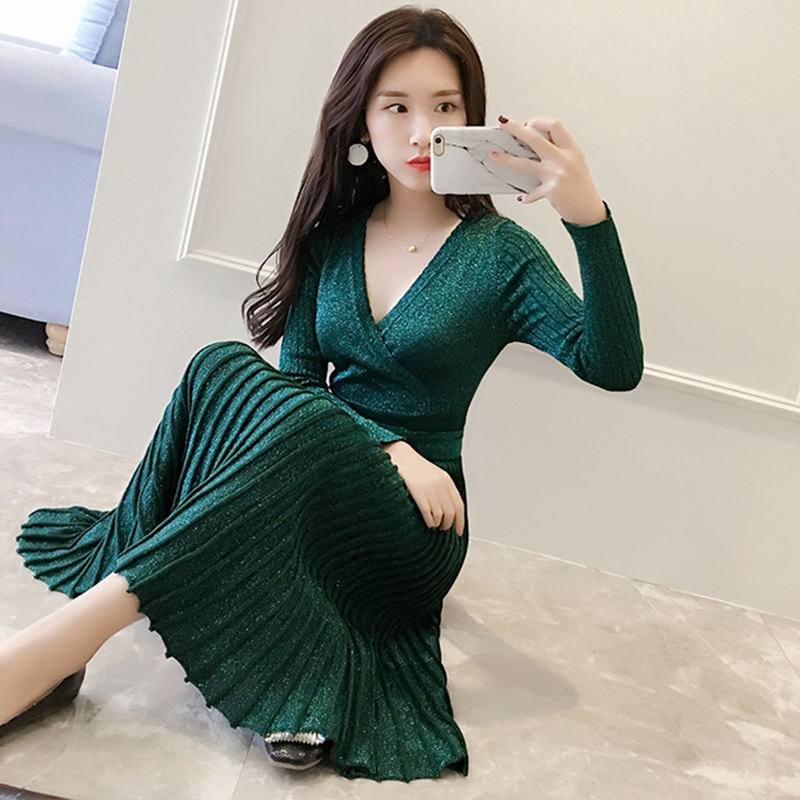 Korean sexy celebrity bright silk V-neck knitted dress for women