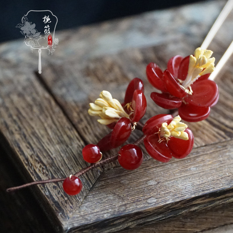 栀筱手作红色梅花簪子女古风简约盘发汉服发饰冬季中国风复古发簪
