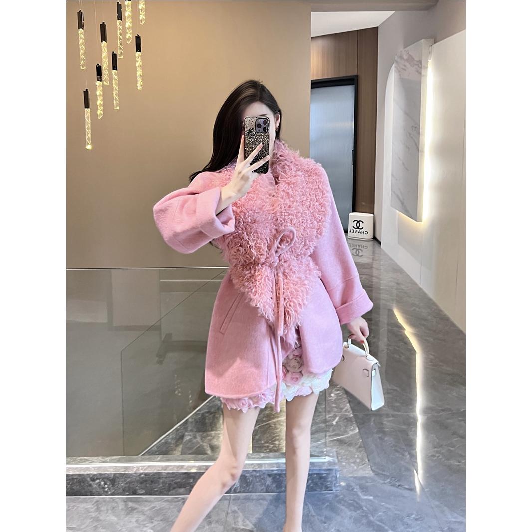双面羊绒大衣女秋冬季新款羊卷毛领系带蚕丝兔绒大翻领短毛呢外套