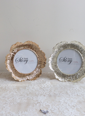 美式轻奢4寸圆形花朵金属相框家居结婚照婚纱照金色银色创意装饰