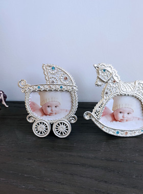 出口日本镶钻4寸金属儿童相框卡通蕾丝木马摇篮可爱轻奢宝宝摆台