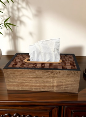 出口外贸中式极简风木质纸巾盒客厅家用竹编印花装饰收纳盒