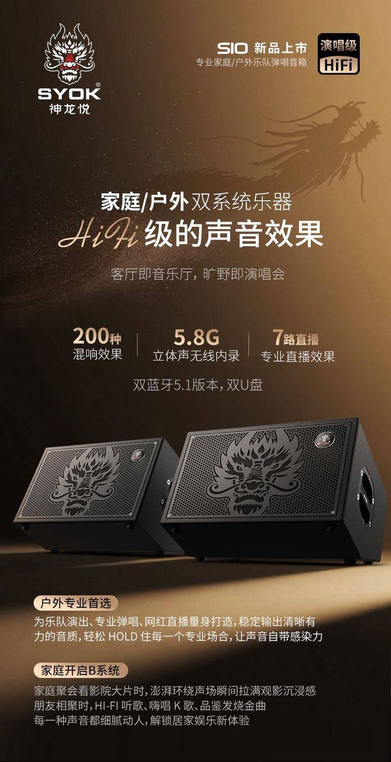 SYOK神龙S10户外演出音响1000W无线直播内录路演户外主副双音箱