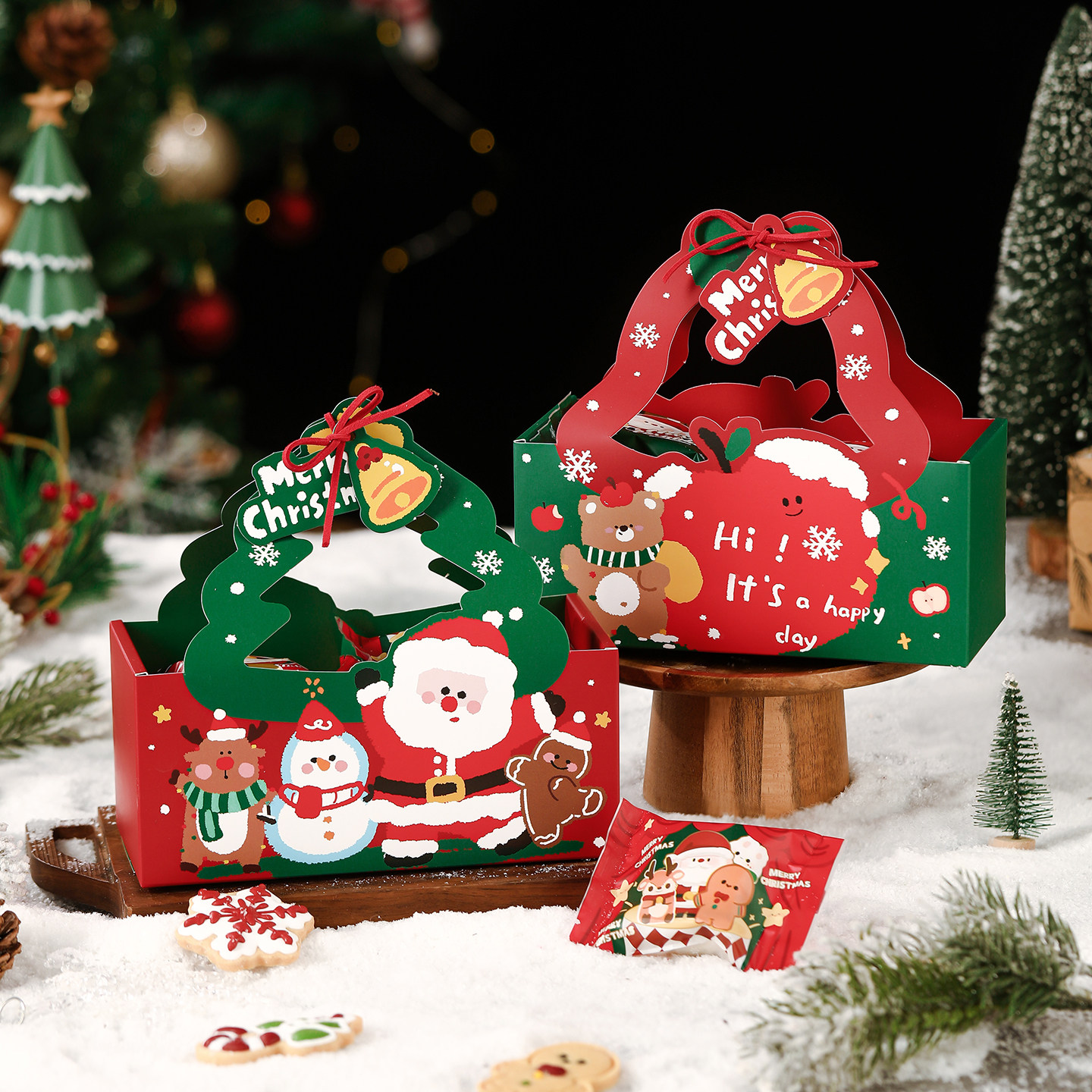 圣诞节包装盒雪花酥曲奇饼干牛轧糖果袋手提烘焙打包苹果礼品盒子