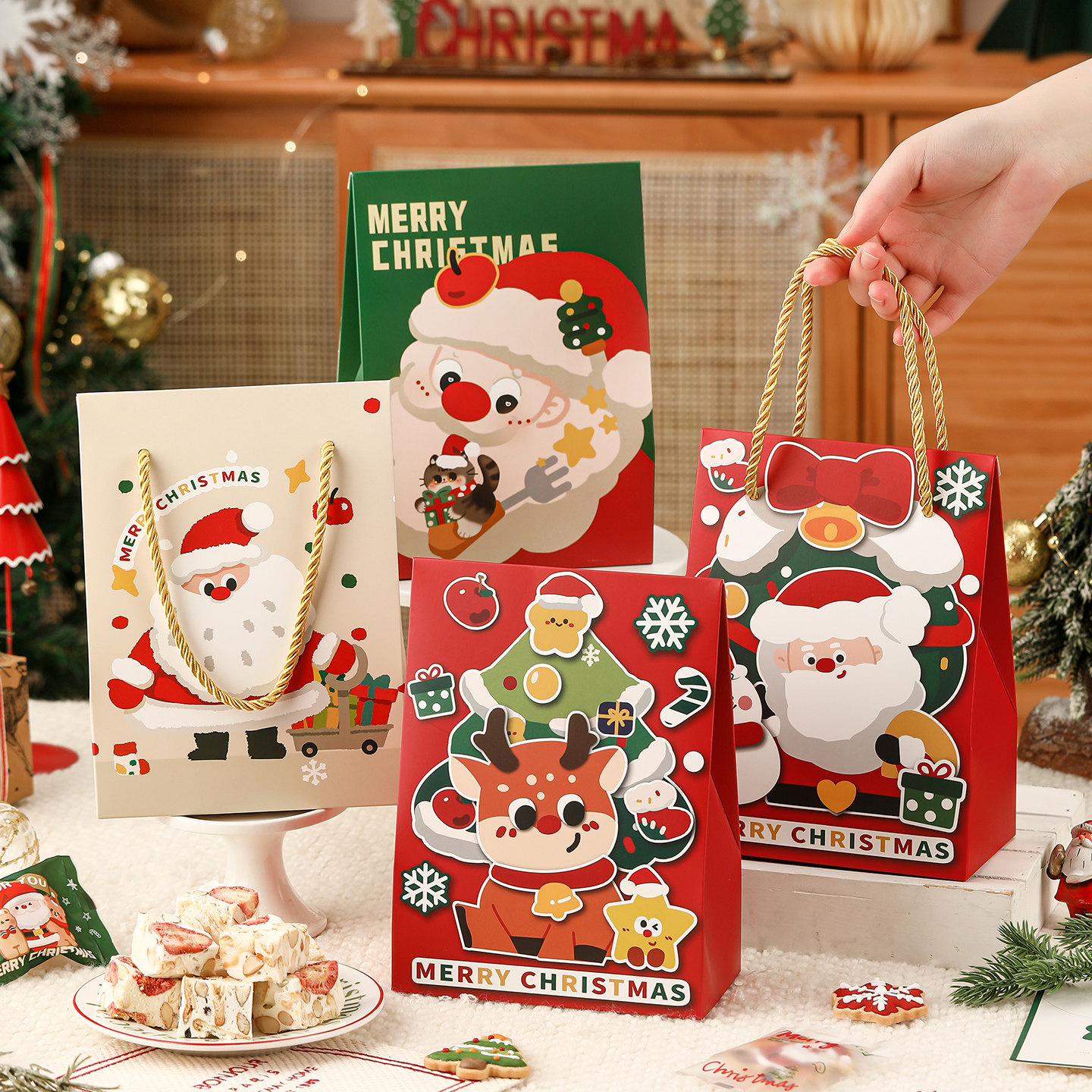 圣诞包装盒雪花酥曲奇饼干太妃牛轧糖果糯米船打包手提空袋子节日