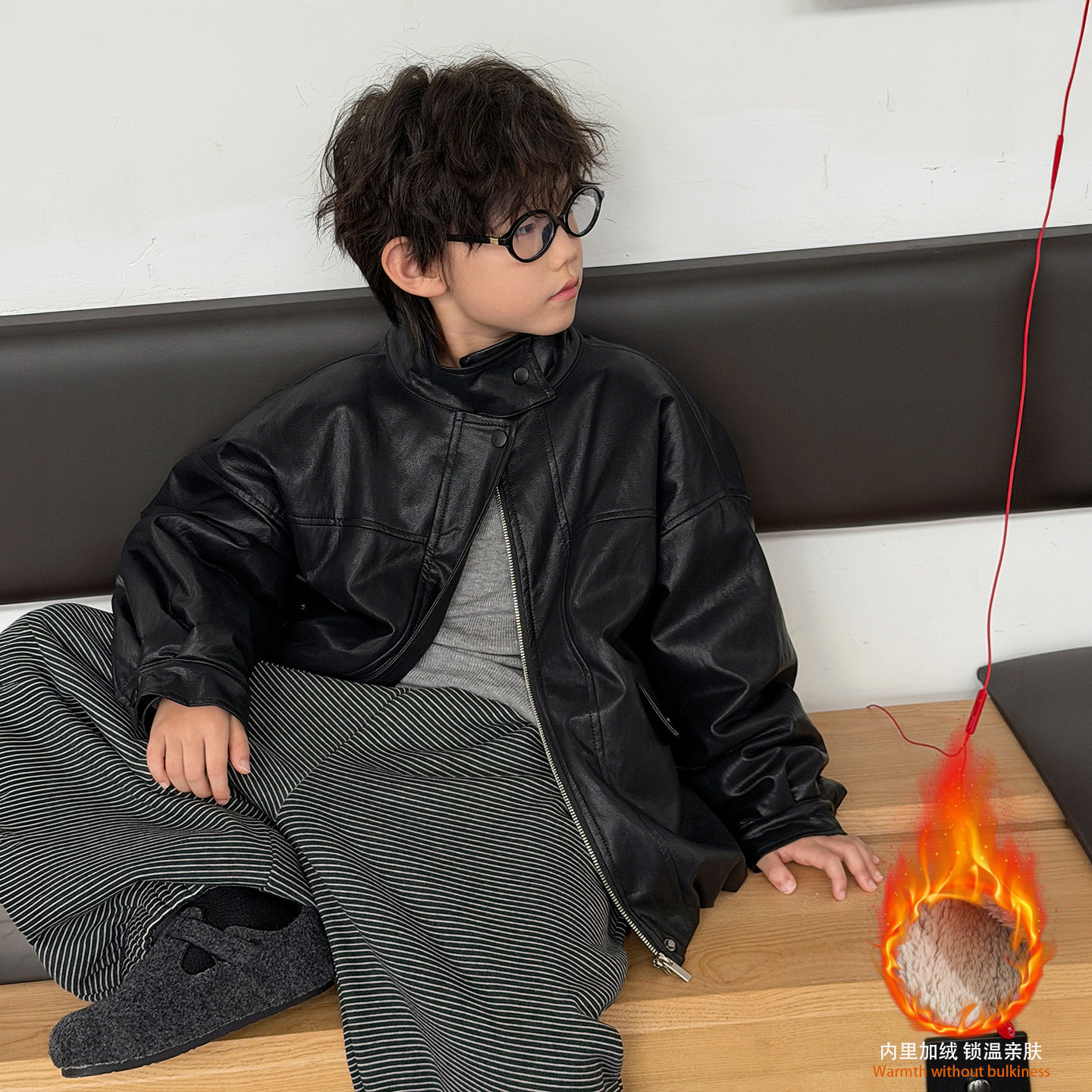 素与朴小町三木童装男童加绒皮衣儿童深秋季立领韩版2026外套套装