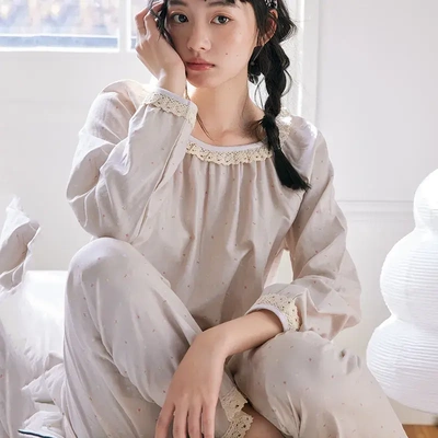 春夏纯棉印花家居服女2025新款蕾丝宽松上衣日系印花外穿睡衣套装