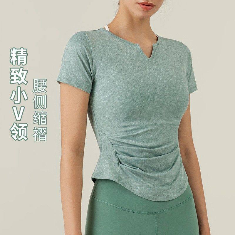 直销V领打褶修身瑜伽短袖健身服饰女款上衣春夏季新款运动t恤,运动/瑜伽/健身/球迷用品,瑜伽套装,淘宝优惠券,粉丝福利购,淘宝优惠卷
