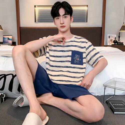 100%棉男士夏季条纹睡衣套装