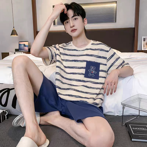 100%棉男士夏季条纹睡衣套装