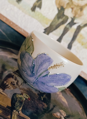 手作花神系列法华彩陶瓷手绘蓝紫色百合花茶杯咖啡杯孤品