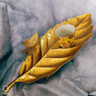 铁艺树叶造型浮雕小蝴蝶仿铜工艺托盘果盘装饰盘收拾盘孤品