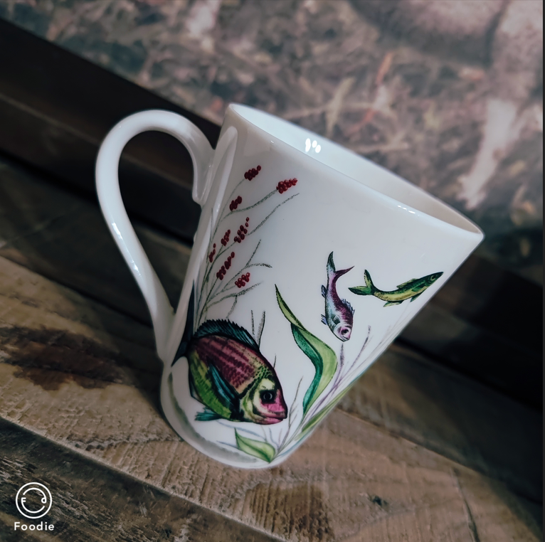 zarahome中古海洋鱼与海藻图案陶瓷马克杯咖啡杯早餐牛奶杯孤品