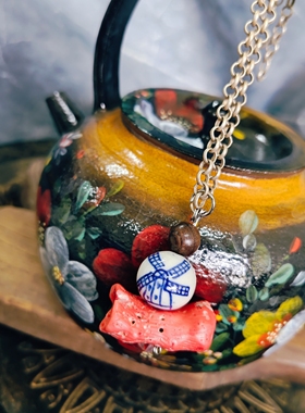 天然海竹+老青花瓷手绘风车图案项链吊坠孤品！手作孤品！