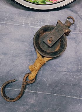 中古铁艺+麻绳滑轮造型装饰摆件孤品