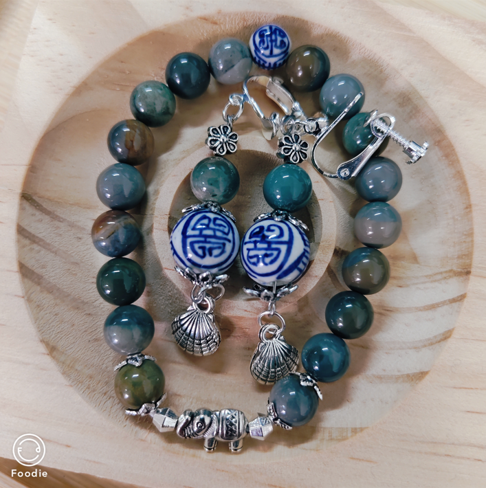 青花瓷阿拉善搭配陶瓷珠子手串、耳环一套设计款孤品