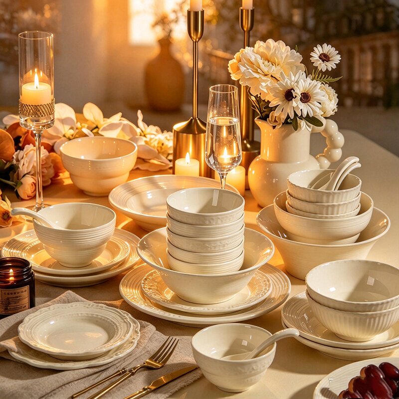 奶油风轻奢陶瓷餐具套装6人份