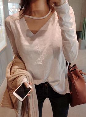 QGQ春季新款韩国女装流行时尚长袖百搭纯色挂脖V领T恤打底衫现